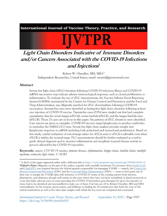 IJVTPR – Light Chain Disorders Indicative of Immune Disorders and/or Cancers Associated with the COVID- 19 Infections and Injections