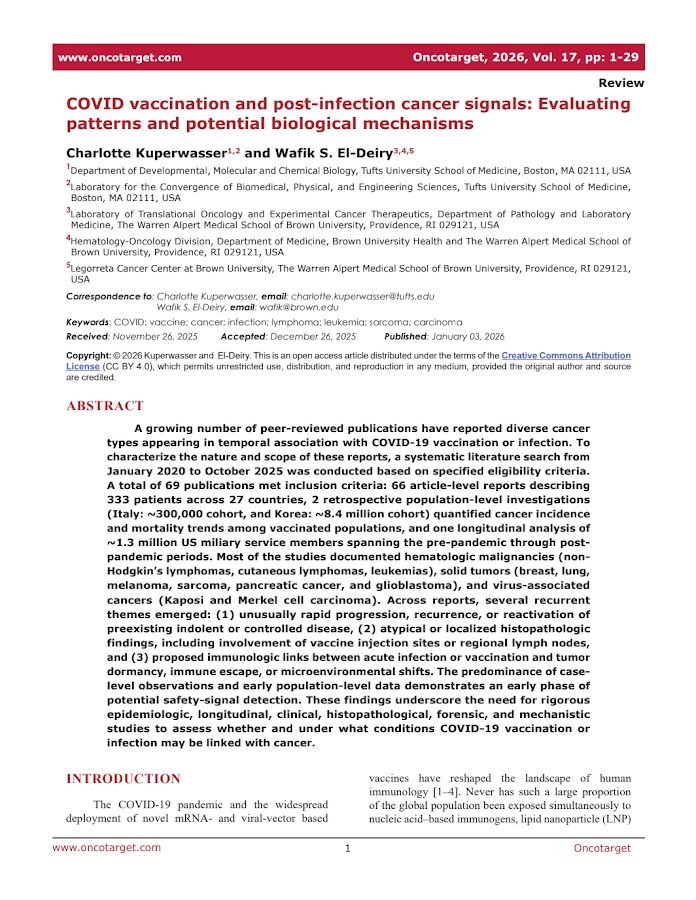 Oncotarget – COVID vaccination and post-infection cancer signals: Evaluating patterns and potential biological mechanisms