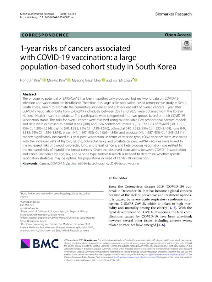 Biomarker Research – 1-year risks of cancers associated with COVID-19 vaccination: a large population-based cohort study in South Korea