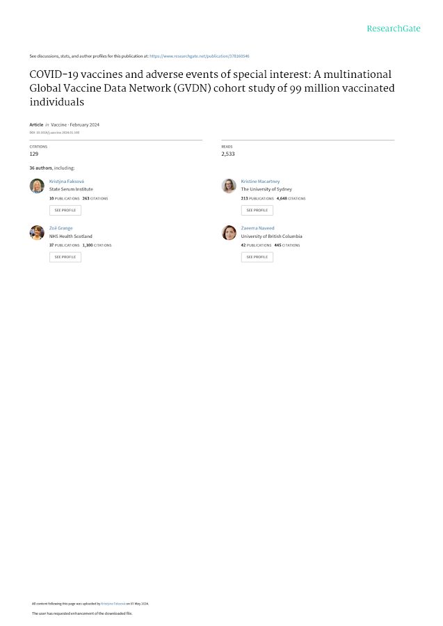 ResearchGate – COVID-19 vaccines and adverse events of special interest: A multinational Global Vaccine Data Network (GVDN) cohort study of 99 million vaccinated individuals