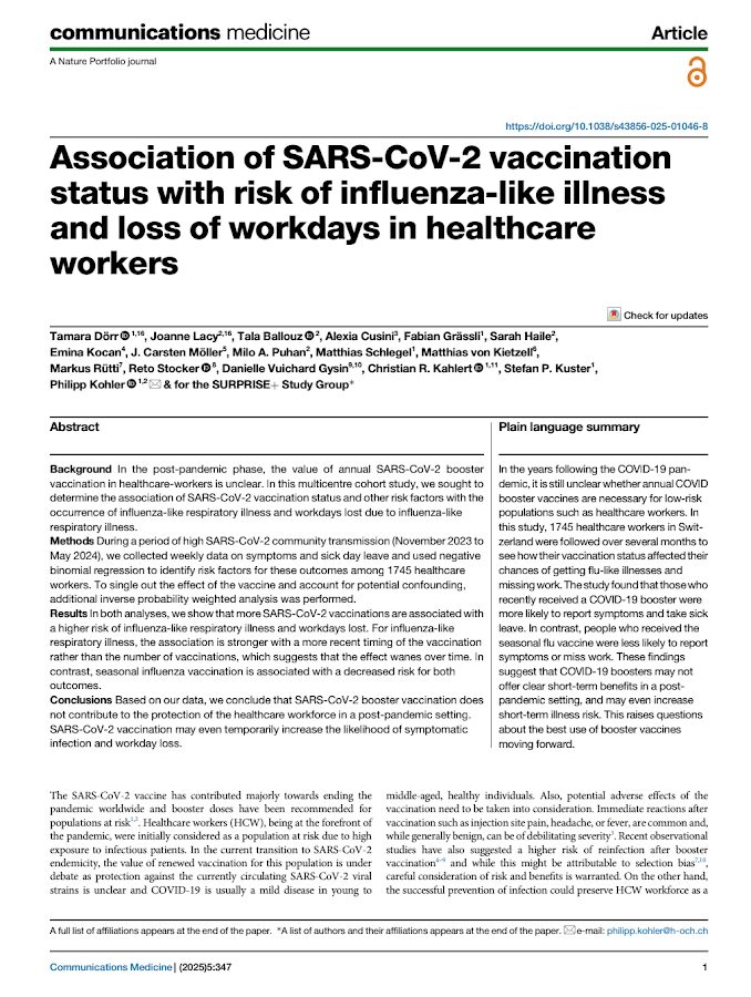 Communications Medicine – Association of SARS-CoV-2 vaccination status with risk of influenza-like illness and loss of workdays in healthcare workers