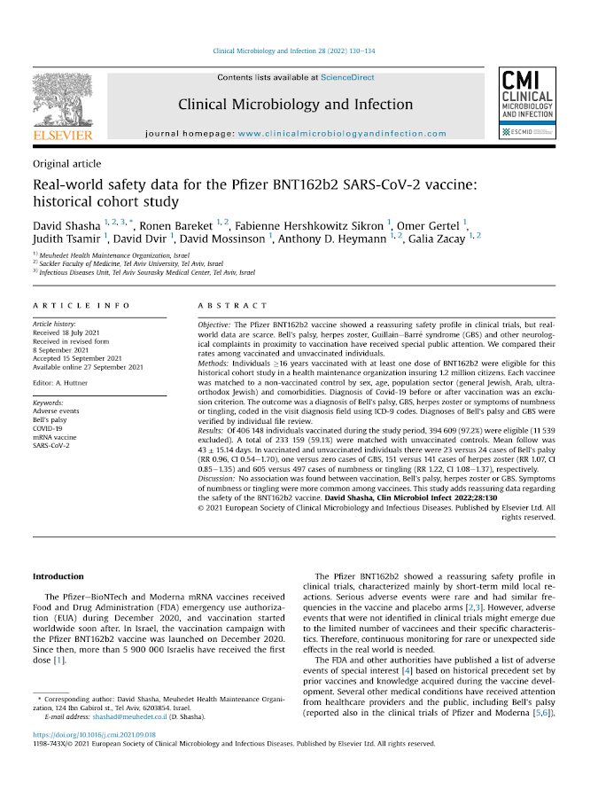 Elsevier – Real-world safety data for the Pfizer BNT162b2 SARS-CoV-2 vaccine: historical cohort study