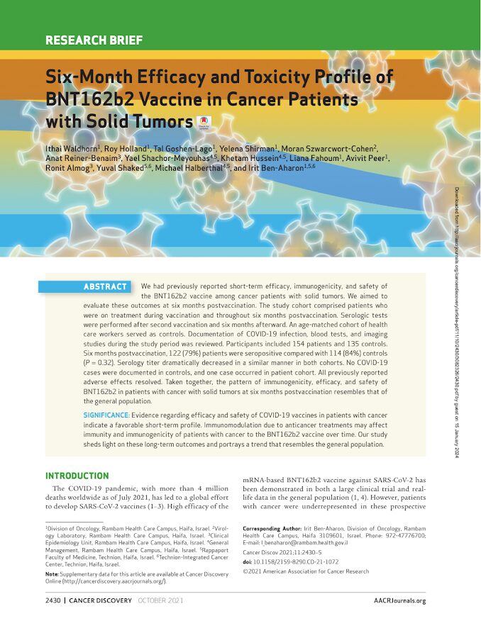 Cancer discovery – Six-Month Efficacy and Toxicity Profile of BNT162b2 Vaccine in Cancer Patients with Solid Tumors