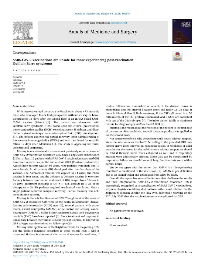 Elsevier – SARS-CoV-2 vaccinations are unsafe for those experiencing post-vaccination Guillain-Barre syndrome