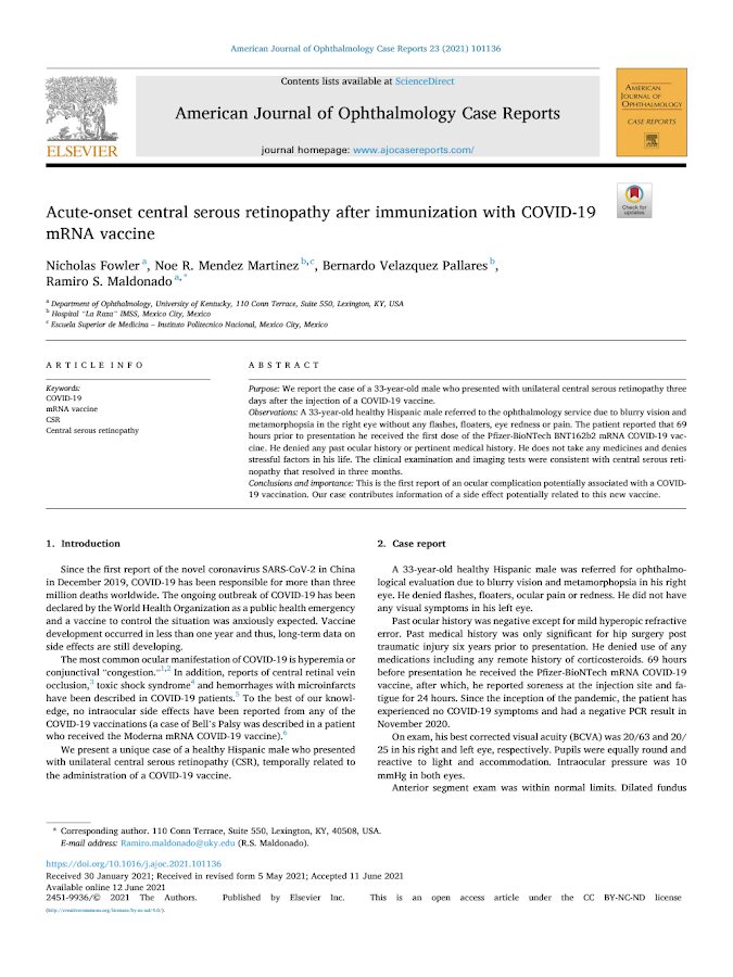 Elsevier – Acute-onset central serous retinopathy after immunization with COVID-19 mRNA vaccine