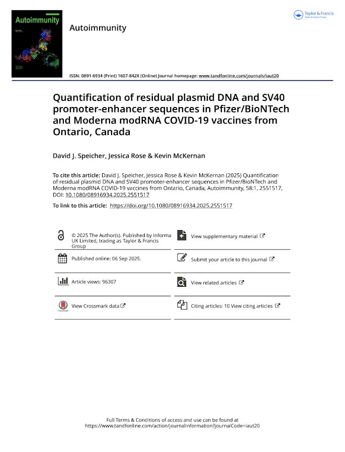 Taylor and Francis – Quantification of residual plasmid DNA and SV40 promoter-enhancer sequences in Pfizer/BioNTech and Moderna modRNA COVID-19 vaccines from Ontario, Canada