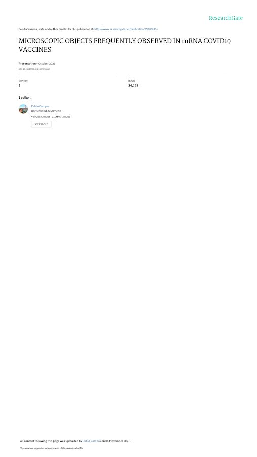 ResearchGate – MICROSCOPIC OBJECTS FREQUENTLY OBSERVED IN mRNA COVID19 – 2021