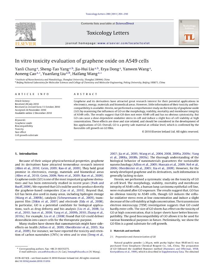 In vitro toxicity evaluation of graphene oxide on A549 cells