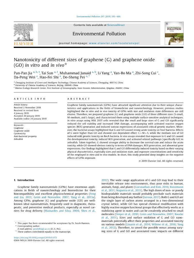 Nanotoxicity of different sizes of graphene (G) and graphene oxide (GO) ‘in vitro’ and ‘in vivo’