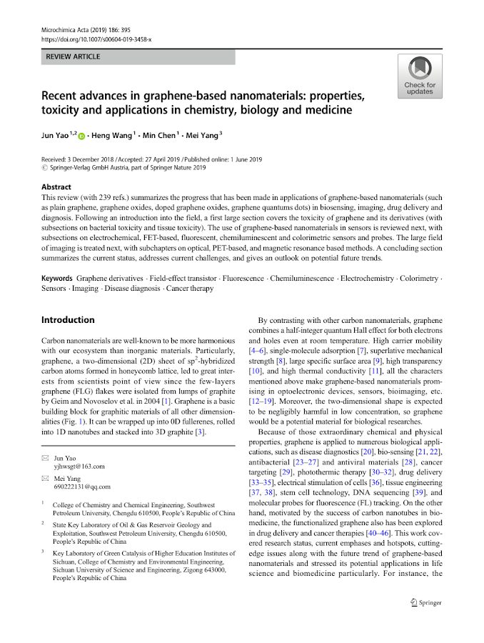 Recent advances in graphene-based nanomaterials: Properties, toxicity and applications in chemistry AND biology and medicine