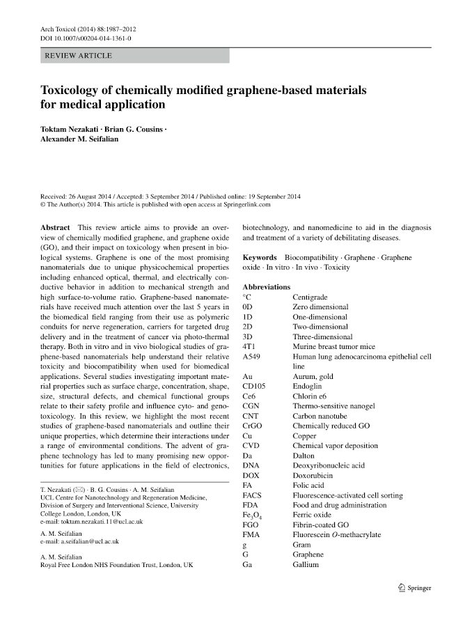Toxicology of chemically modified graphene‑based materials for medical application