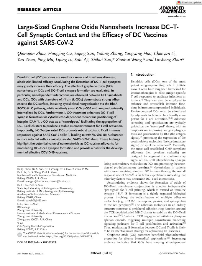 Advanced Materials: Large-Sized Graphene Oxide Nanosheets Increase DC–TCell Synaptic Contact and the Efficacy of DC Vaccines against SARS-CoV-2