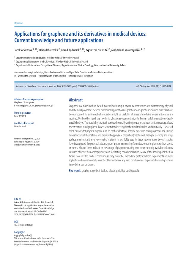 Applications for graphene and its derivatives in medical devices: Current knowledge and future applications